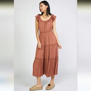 Current Air Flutter Sleeve Midi Maxi Dress Tiered Color Clay Terracotta Size M
